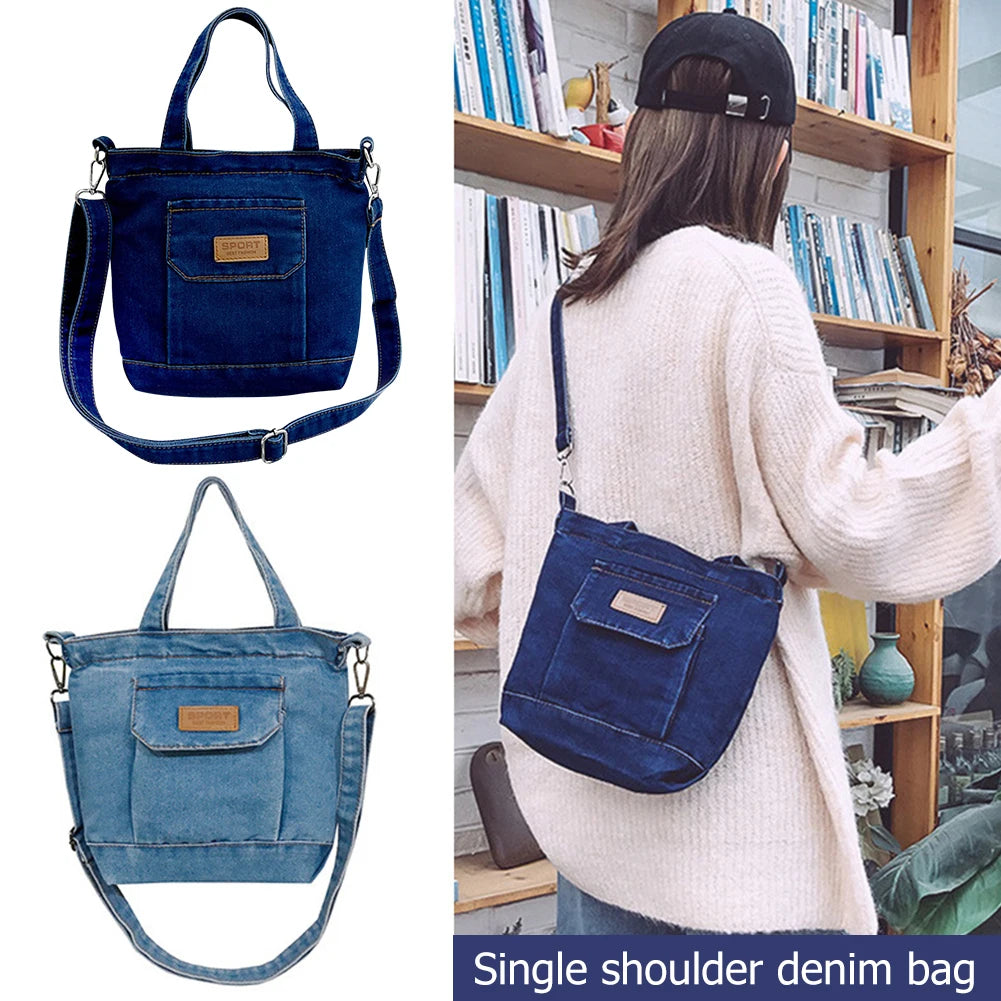 Women Crossbody Bag Denim Shopper Shoulder Handbag Large Capacity Adjustable Straps Zipper Closure for Beach Shopping School