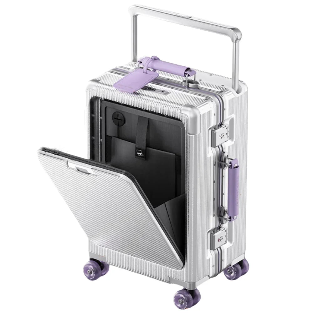Front Opening Pocket Rolling Luggage Aluminum Frame Wide Handle Trolley Suitcase with Upgrade Silent Wheel USB Charging Plug TSA