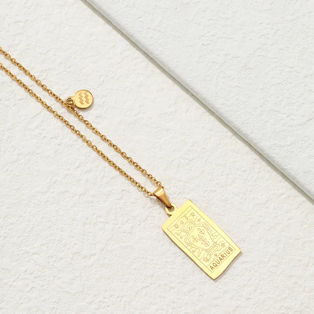 Stainless Steel Square Tarot Card Pendant Women Necklace Twelve Constellations Gold-Plated Clavicle Chain Horoscope Gifts