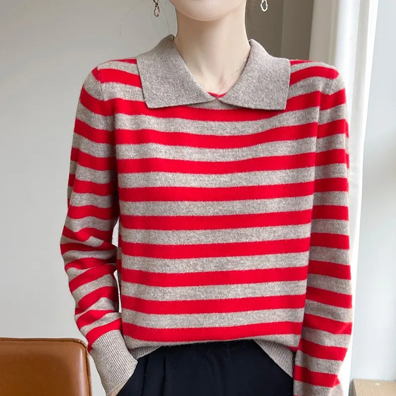 Autumn Winter Woman 100% Merino Wool Sweater POLO Collar Pullover Colorful Stripes Knitwear Bottoming Clothing Long Sleeve Tops