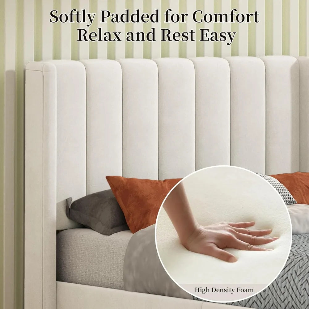 full size bed frame, velvet upholstered platform bed with vertical channel tufted wingback headboard, wooden slats support, no b