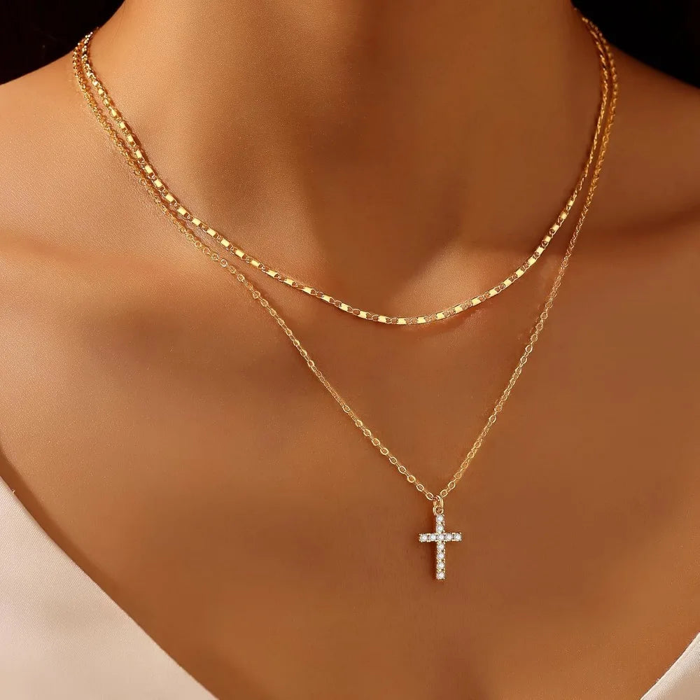 Layered Gold Necklace for Women, Trendy Stackable 14k Gold CZ Diamond Cross Pendant Necklace Jewelry, Paperclip Box Flat Necklac
