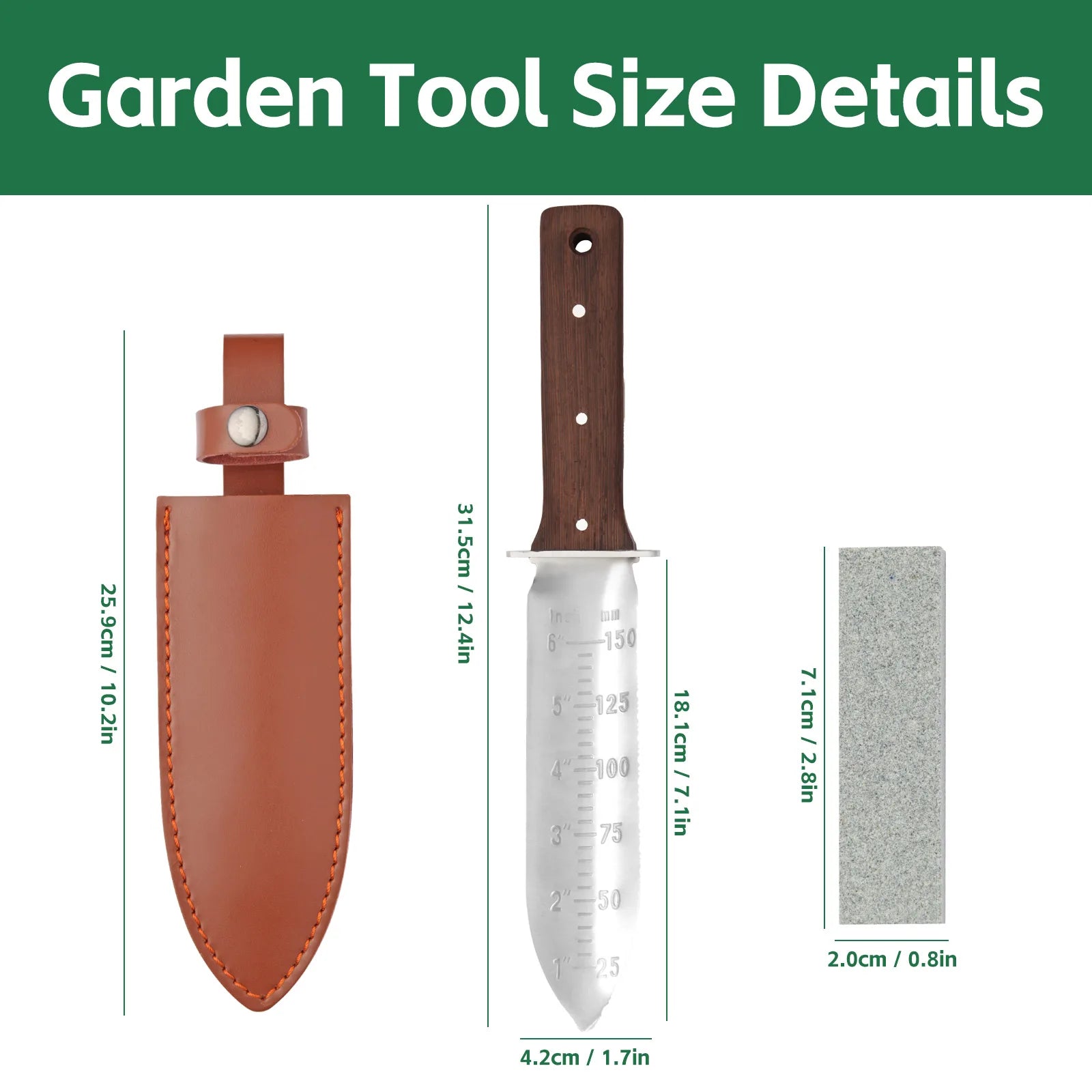 FEITA Hori Hori Garden Knife with Leather Sheath and Sharpening Stone, Garden Soil Knife Tools Gifts for Weeding, Digging