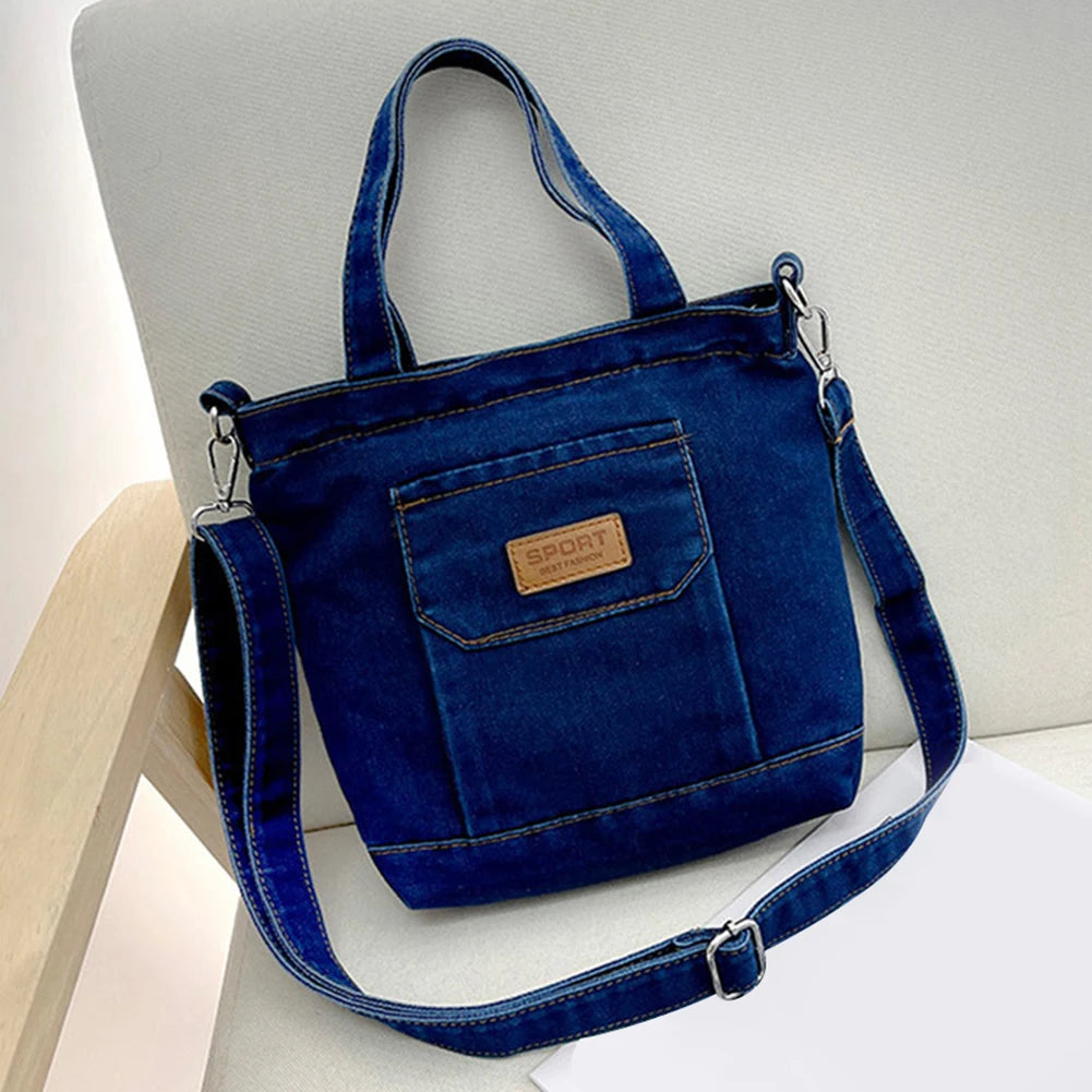 Women Crossbody Bag Denim Shopper Shoulder Handbag Large Capacity Adjustable Straps Zipper Closure for Beach Shopping School