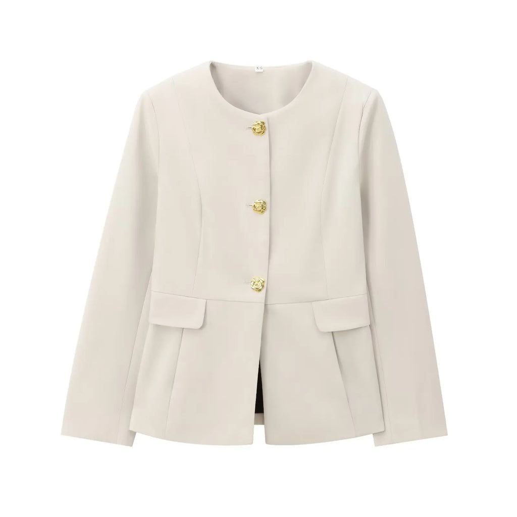 Women's Suit Set Business Formal Blazer & Pants Gold Button Jacket High Waist Straight Leg Office Wear Spring Wrinkle-Resistant