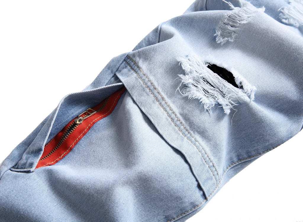Men's Classic Retro Slim Fit Jeans with Patches and Rips; Men's Distressed Jeans; Men's Jeans with Zipper Decor LY054