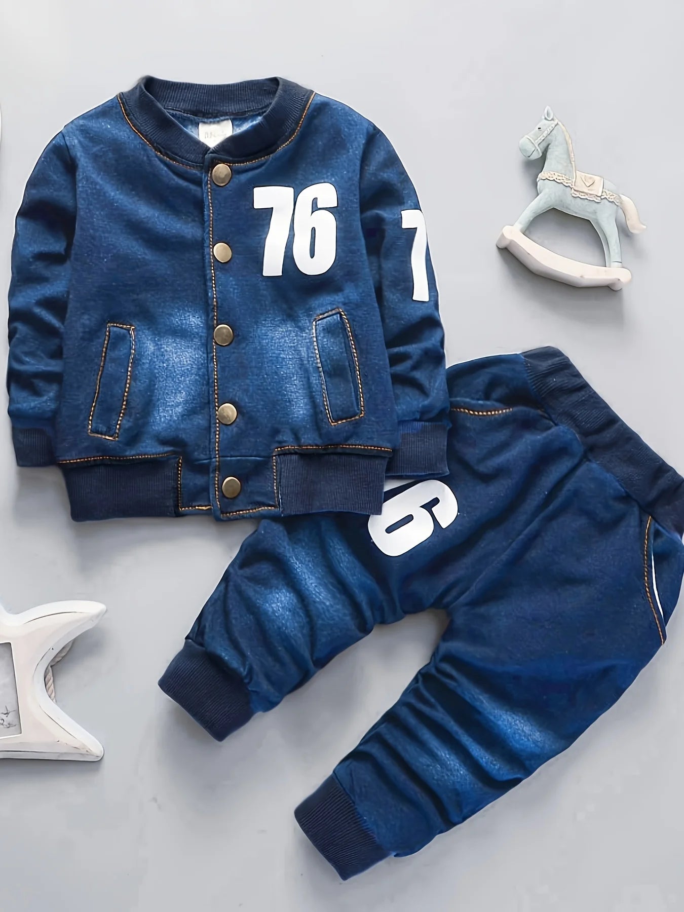 Spring  Autumn Toddler Boy Digital Printed Denim Coat+Elastic Jeans Sets