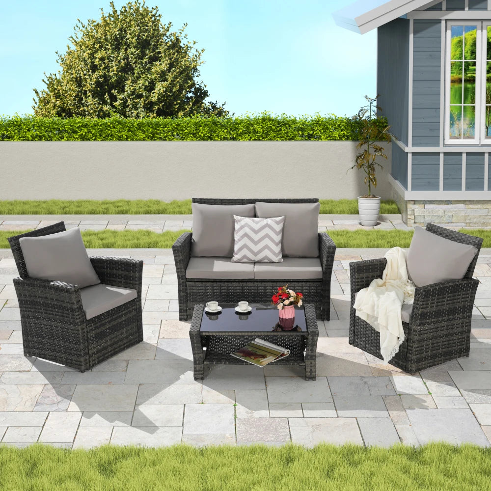 4 Pieces Outdoor Patio Furniture Sets Garden Rattan Chair Wicker Set, Poolside Lawn Chairs with Tempered Glass Coffee Table