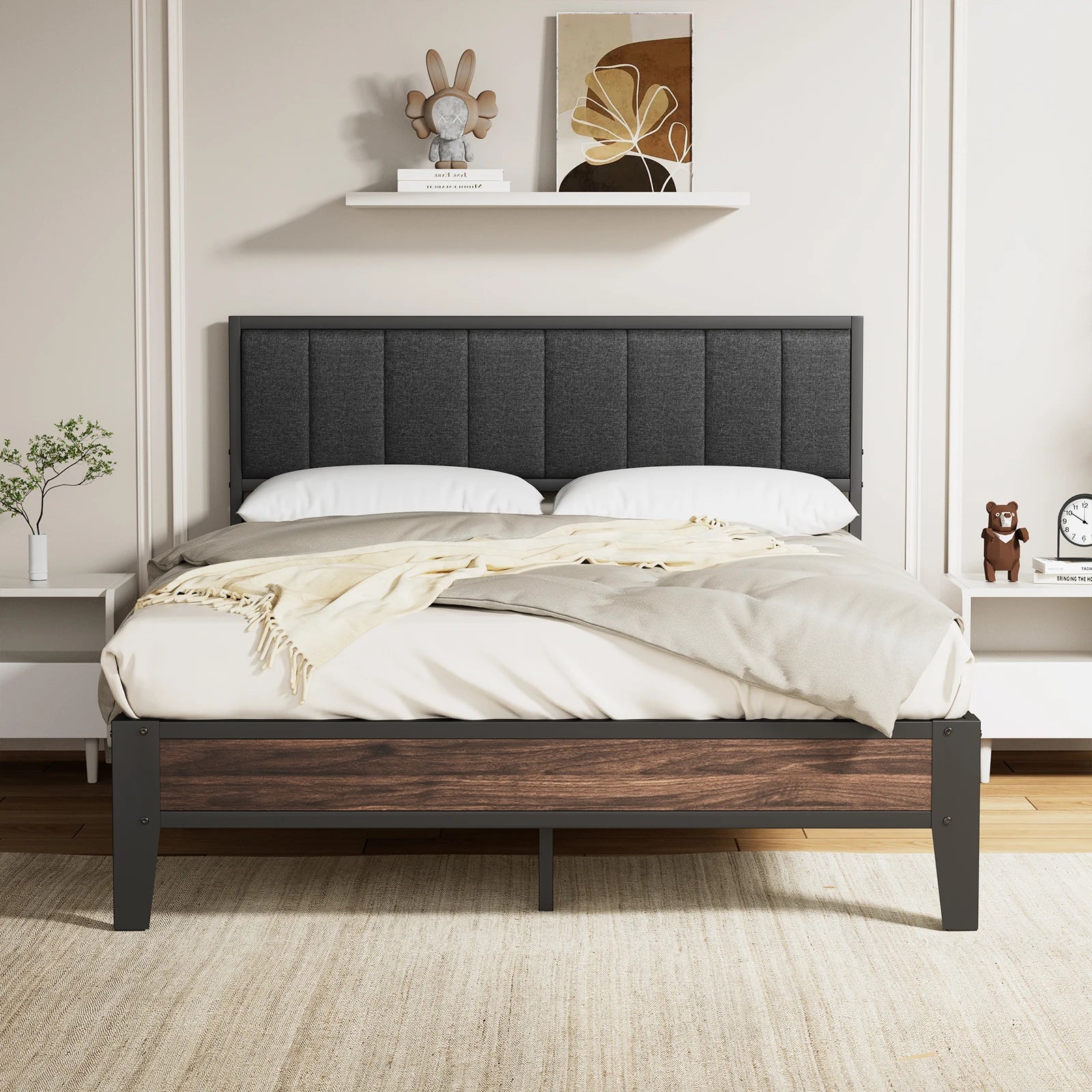 Twin/Full Bed Frame, Headboard Upholstered Bed Frame Platform, All Metal Slats Support Platform Bed Frame with Storage Space