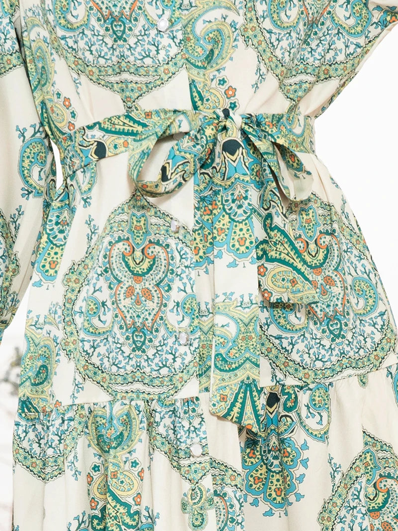 Elegant style High collar Flowers Belt Shirt sleeve Mid Long Dresses Mint green Dresses