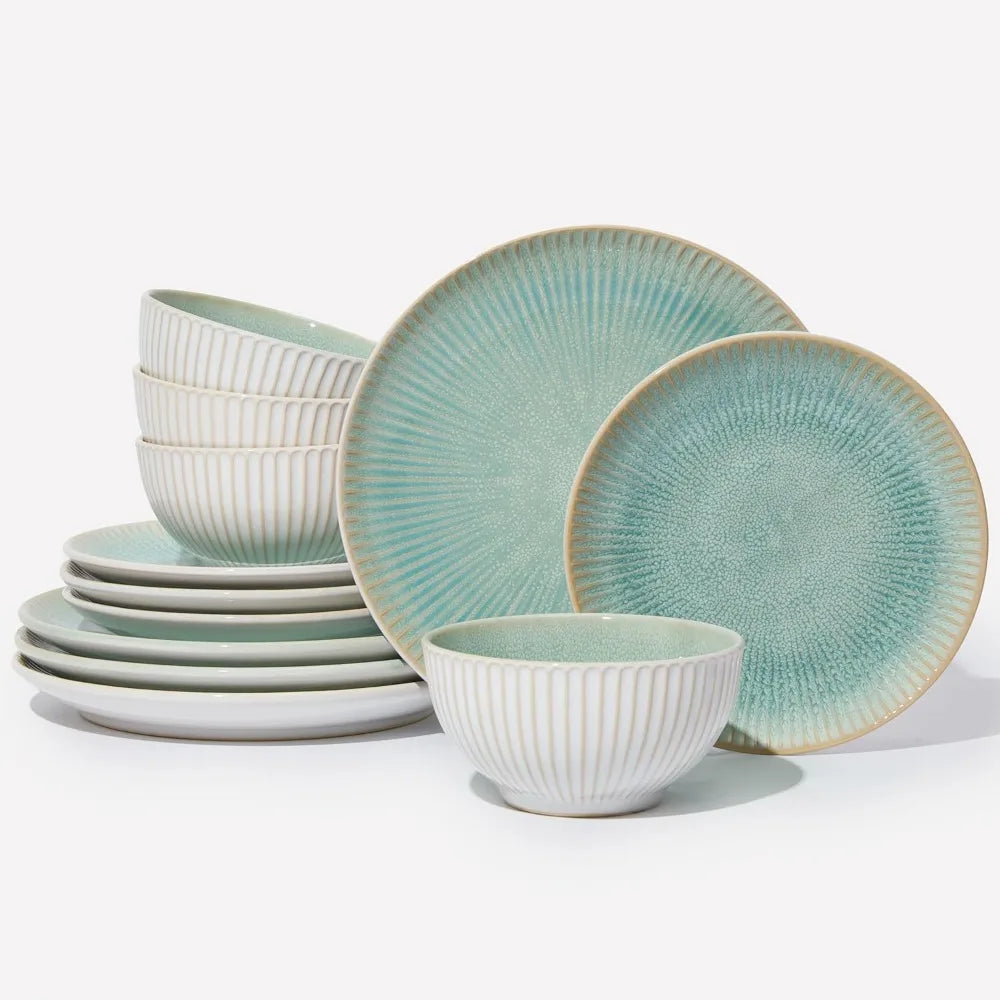 Round Reactive Glazed Stoneware Dinnerware Set, Microwave and Dishwasher Safe Ceramic Plates and Bowls Collection