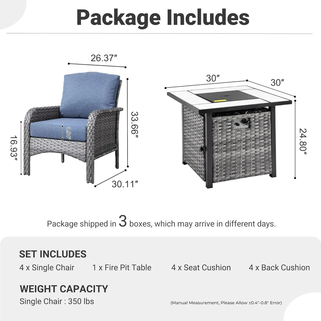 4 Pieces Patio Furniture Set with 30" Fire Pit Table, Outdoor Wicker Chairs of 4, All Weather High Back Rattan Chairs 4-Seater w