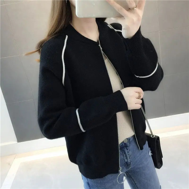 Sweater Jacket for Women Spring Clothes Loose Short Zipper Knitted Cardigan with Thick Top