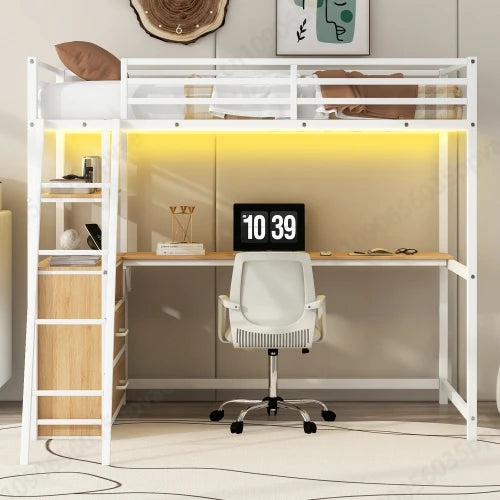 Twin Size Metal&Wood Loft Bed with Desk and Shelves, Two Built-in Drawers,  White ,Blak,Oak Natural Immediate delivery from US