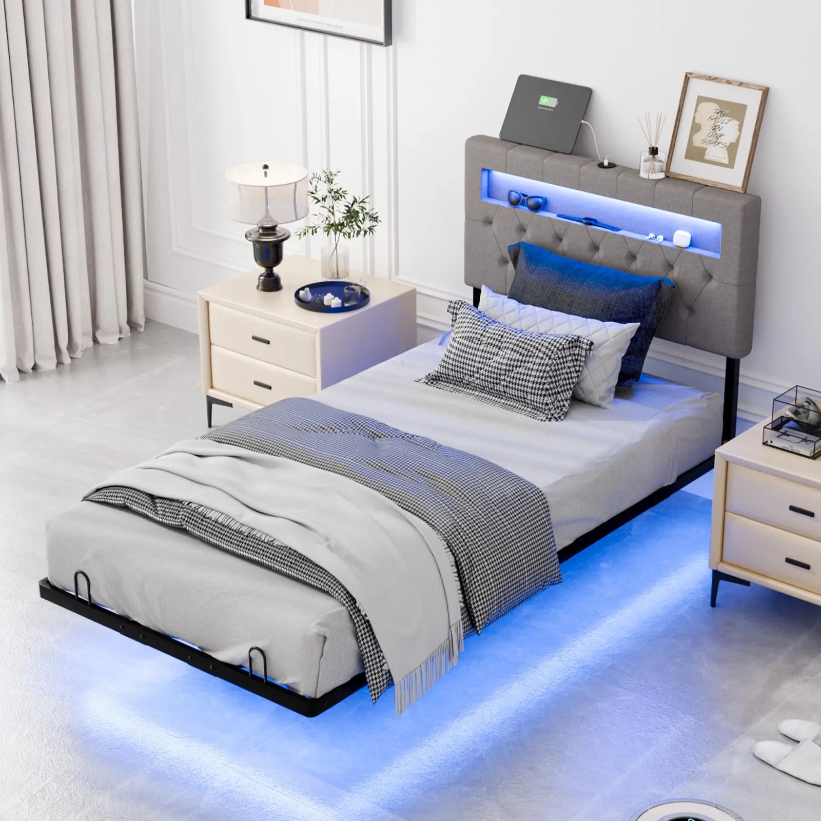 Twin Floating Bed Frame with Upholstered Headboard Charging Station/LED Lights