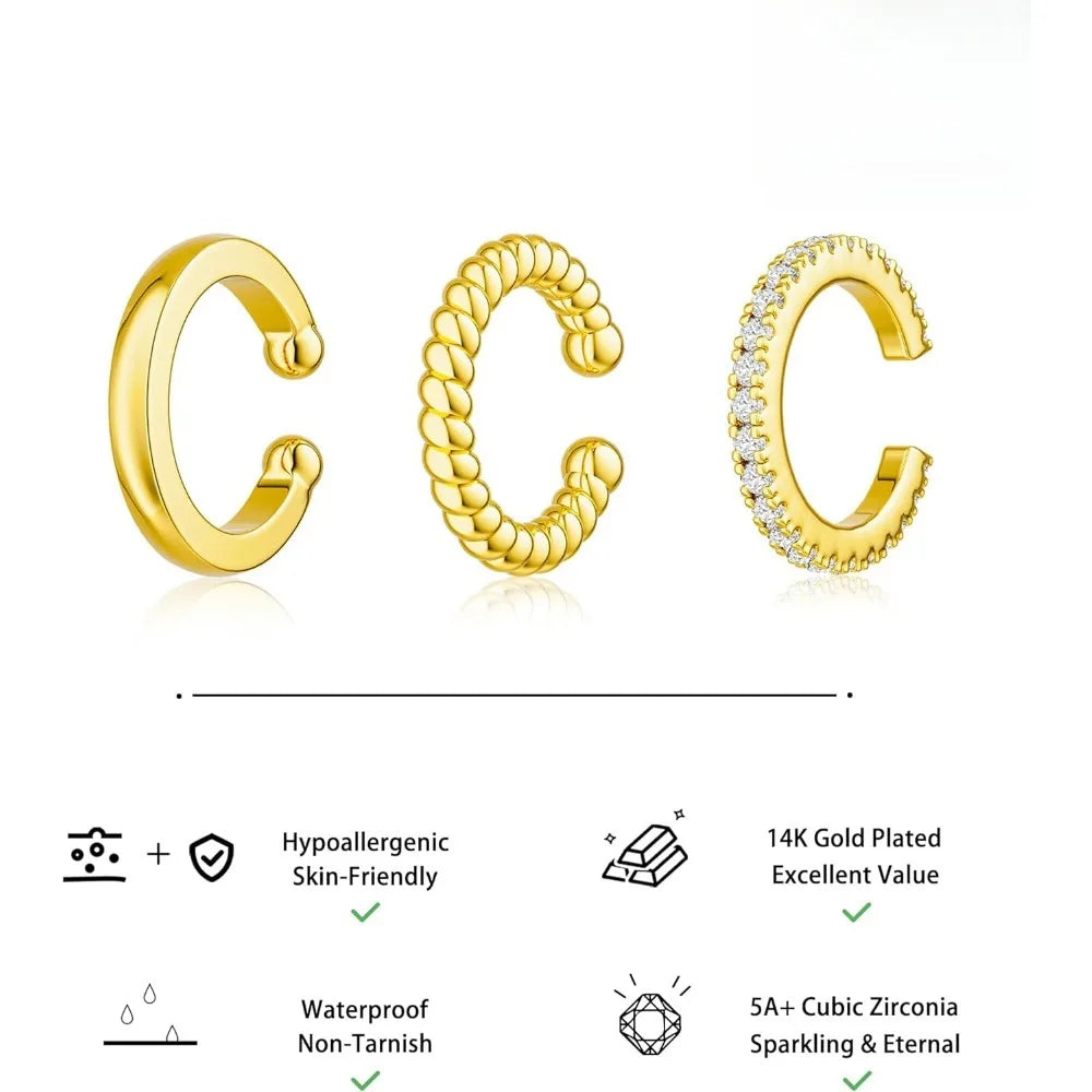 Ear Cuff Earrings for Women Non Piercing, 14K Gold Plated Cuff Earrings for Women, Hypoallergenic Cubic Zirconia