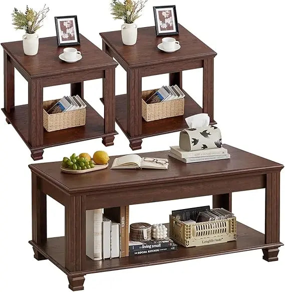rustic 3-piece wooden coffee and end table set with open shelves for living room