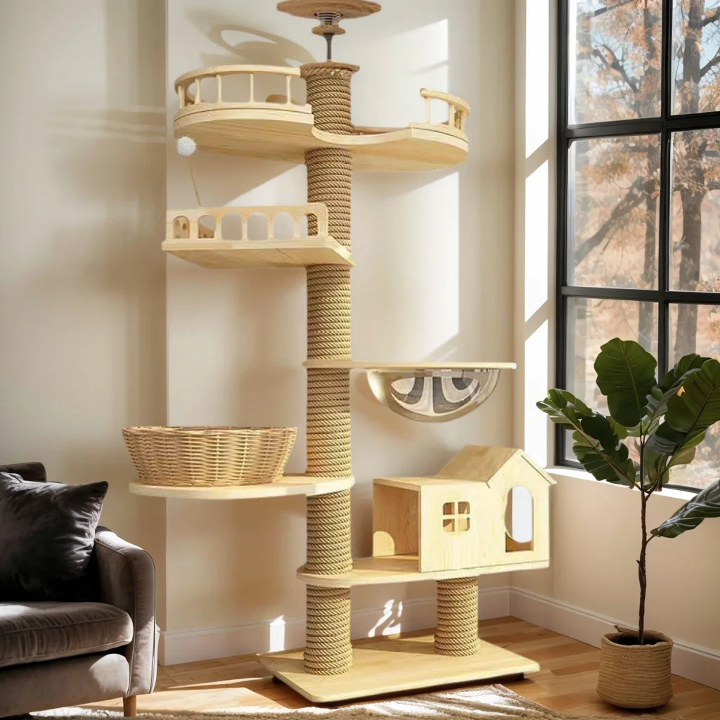 YXT Cats Tree Floor Solid Wooden Cat Tree House Climbing Pets Furniture Adjustable Kitten Trees Tower