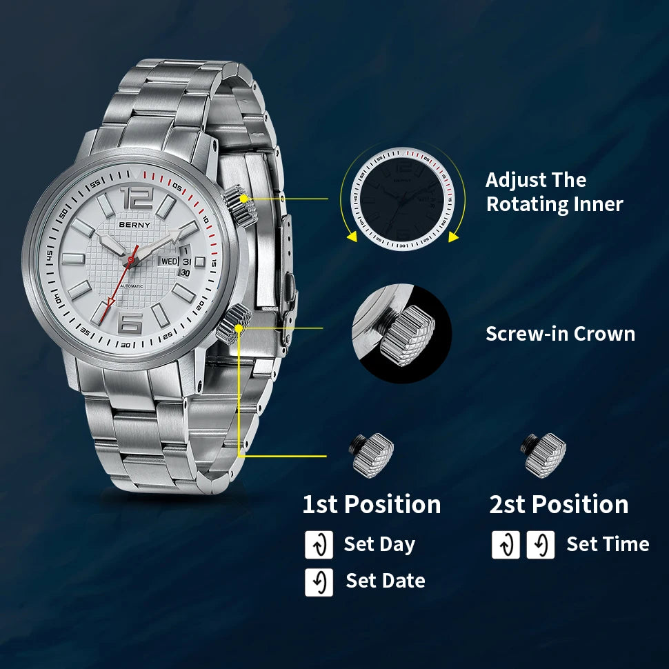 BERNY 20ATM Diver Mechanical Watch For Men Super Luminous Swim Watch Sport Miyota 8205 Sapphire Automatic Diving Men Wristwatch