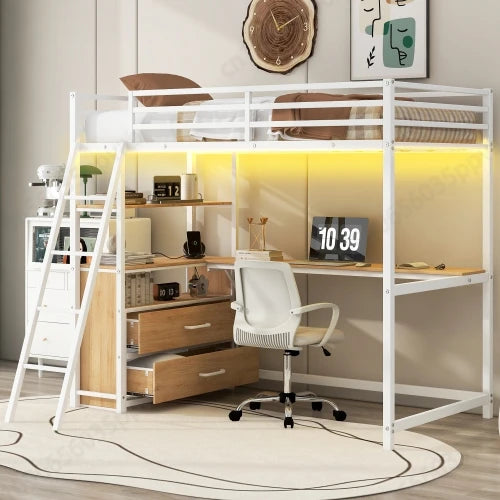 Twin Size Metal&Wood Loft Bed with Desk and Shelves, Two Built-in Drawers,  White ,Blak,Oak Natural Immediate delivery from US