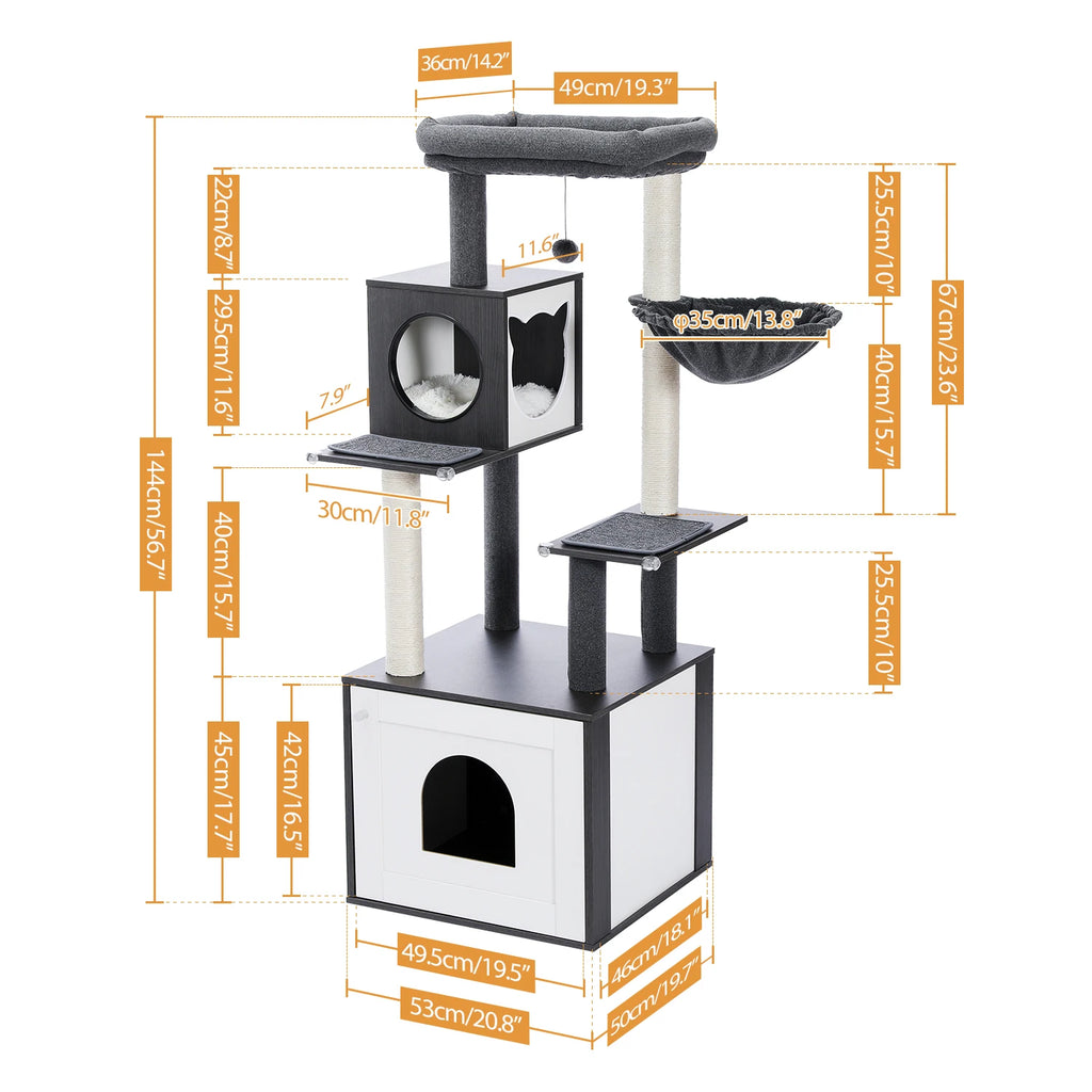 Multi-Level Cat Tree for Indoor Wood Cat Tower with Scratching Posts Spacious Condo Hammock Top Perch Cat Scratcher Cat Toys
