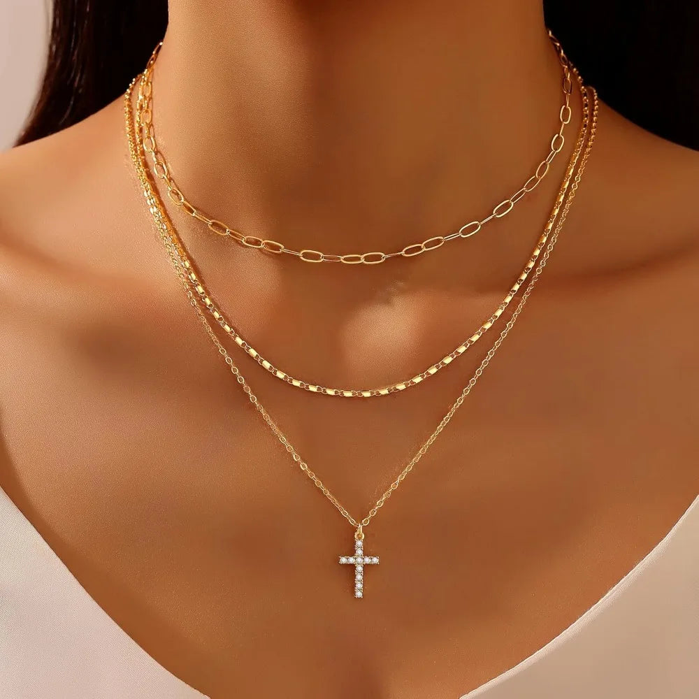 Layered Gold Necklace for Women, Trendy Stackable 14k Gold CZ Diamond Cross Pendant Necklace Jewelry, Paperclip Box Flat Necklac