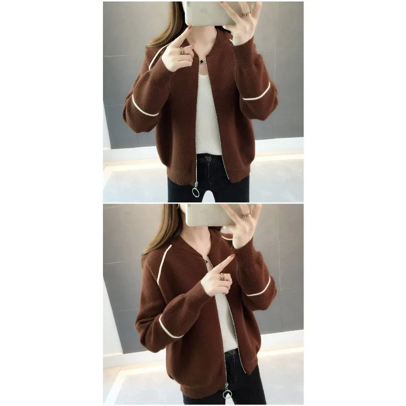 Sweater Jacket for Women Spring Clothes Loose Short Zipper Knitted Cardigan with Thick Top