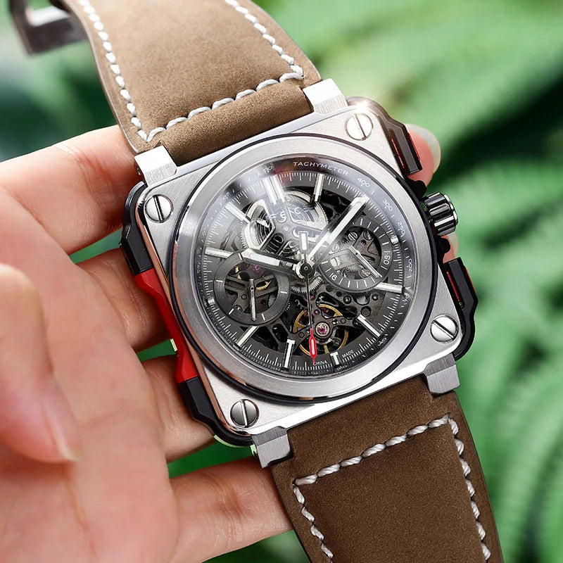 FEICE FM507 Men’s Automatic Skeleton Watch Mechanica Mens Wristwatch Square Sport Luminous Watches 10ATM Waterproof Watches