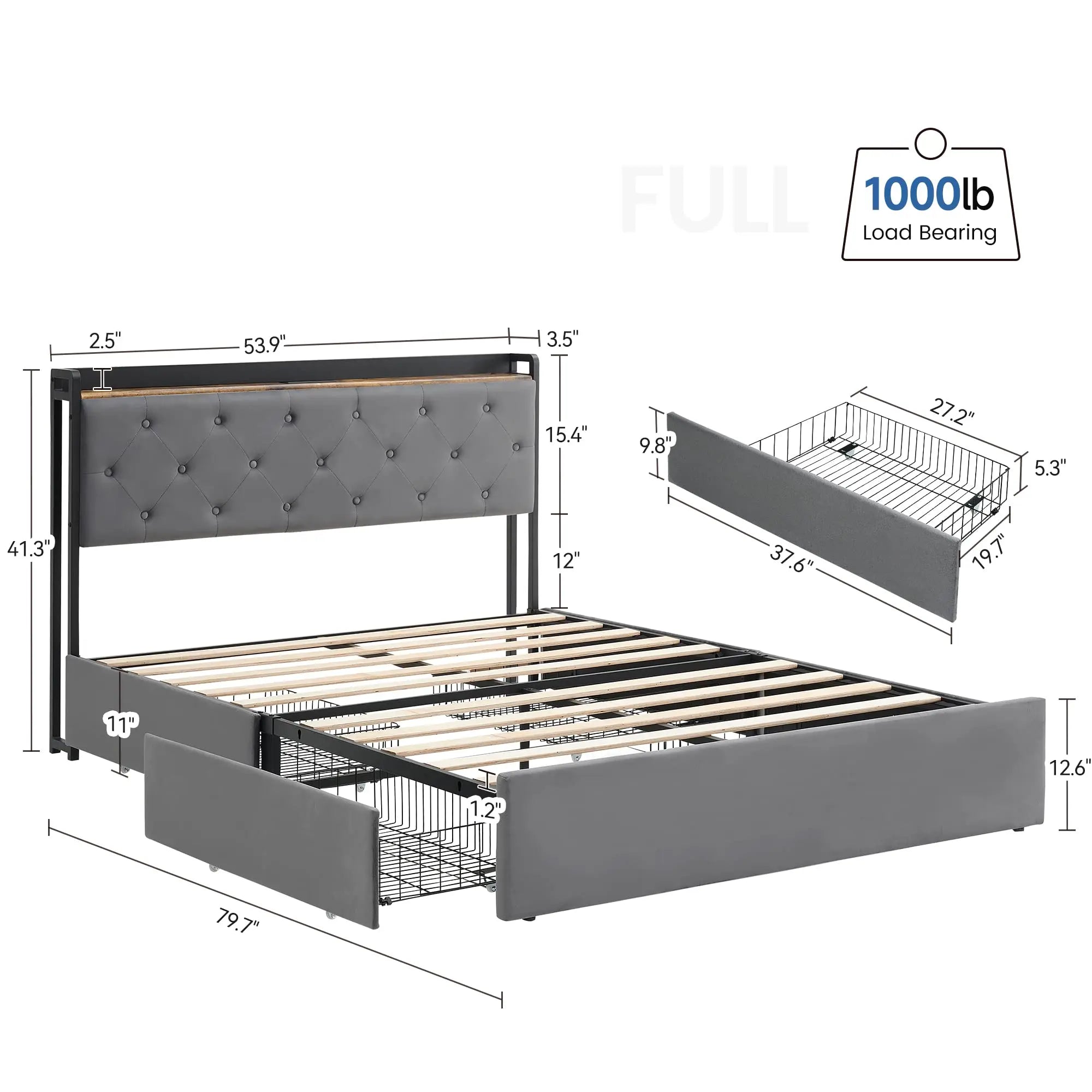 Upholstered Bed Frame with 4 Storage Drawers and Charging Station with Storage Headboard No Box Spring Needed Noise-Free