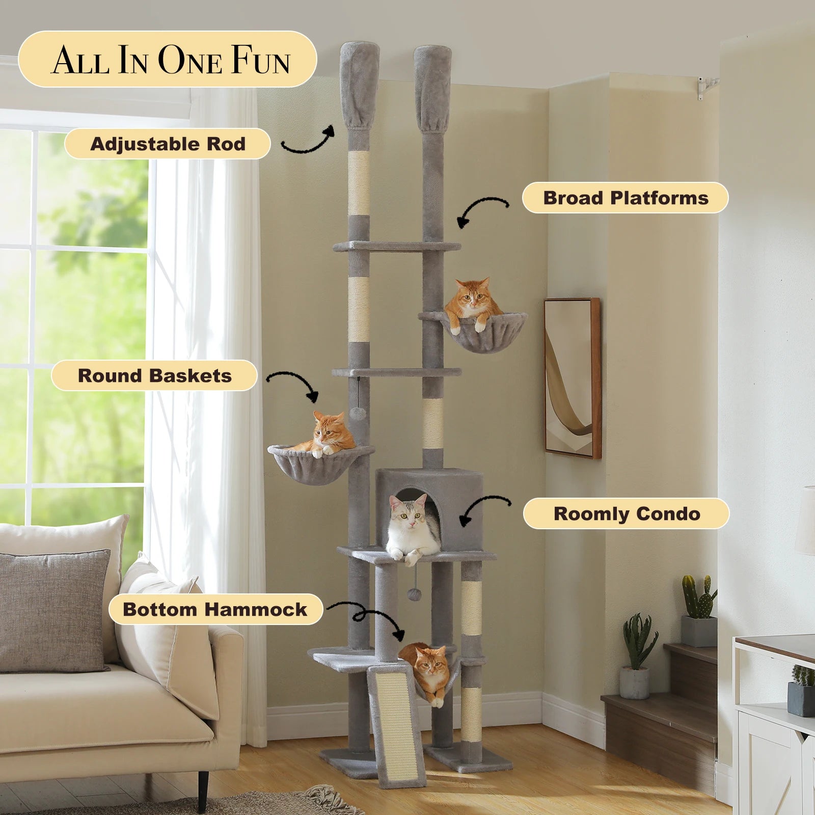 Tall Cat Tree with Adjustable Height Floor to Ceiling Cat Tower with Scratching Posts Soft Hammock Cat Condo for Indoor Cat Toys