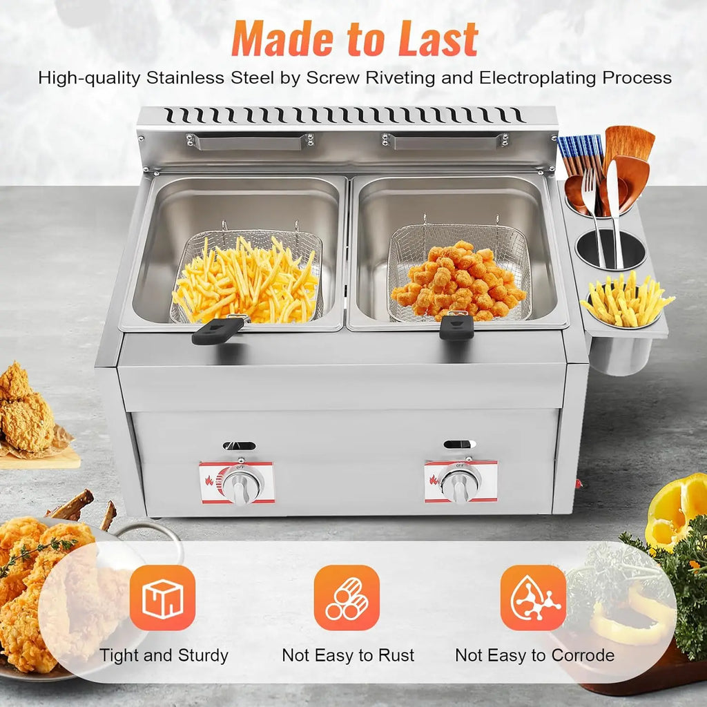 Commercial Gas Deep Fryer, 12L Stainless Steel Countertop Oil Fryer Dual Tank Kitchen Fat Fryer with Removable Baskets & Seasoni