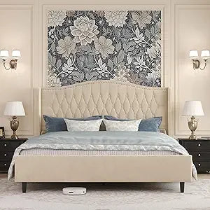 belffin king bed frame and headboard, luxury upholstered velvet platform bed with wingback, button tufted & nailhead trim, anti-
