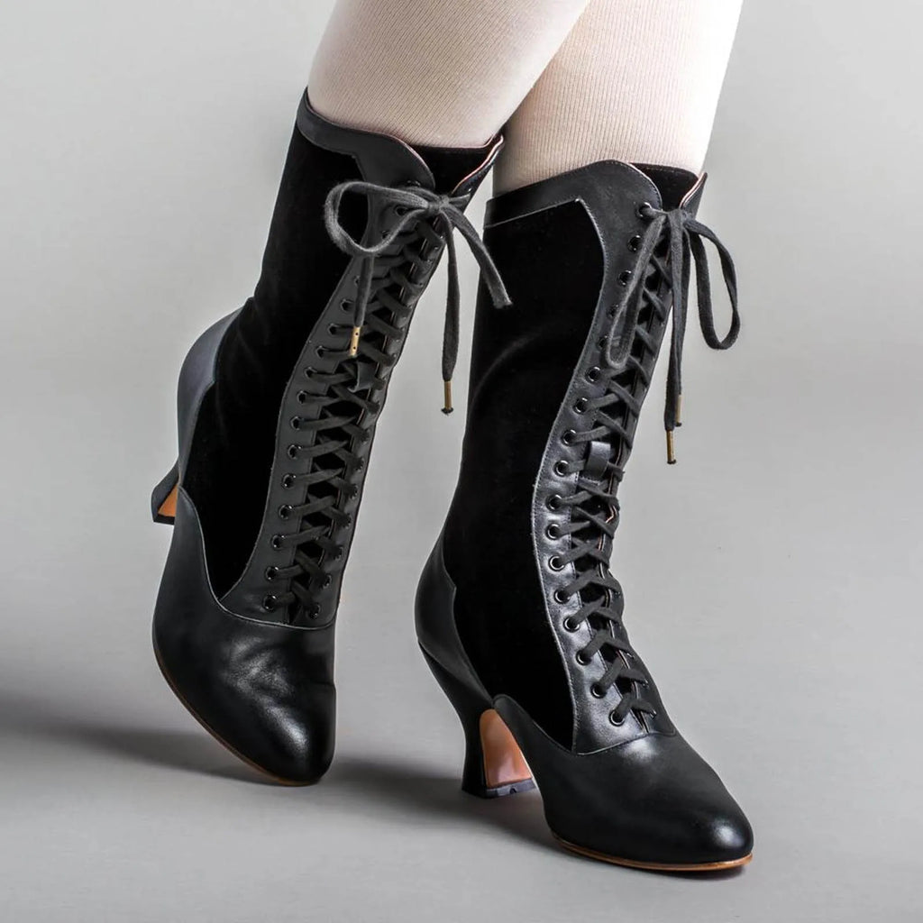Vintage Block Heel Green Lace Up Boots For Womens Wide Calf Riding Boots Women'S Fashion Boots With Cute Cat Motif Bandage Shoes