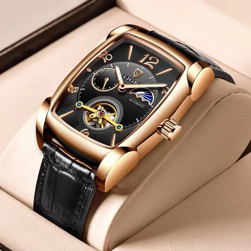 LIGE Top Brand Luxury Mens Watches Square Automatic Watch for Men Tourbillon Clock Genuine Leather Waterproof Mechanical Watch