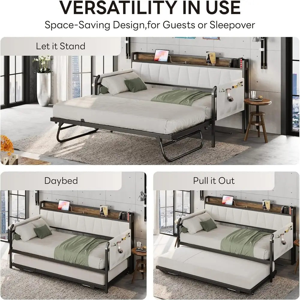 LIKIMIO Daybed with Trundle Bed, Bed Frame with Storage Headboard & USB Charging Station, Sofa Bed with Strong Support for Room