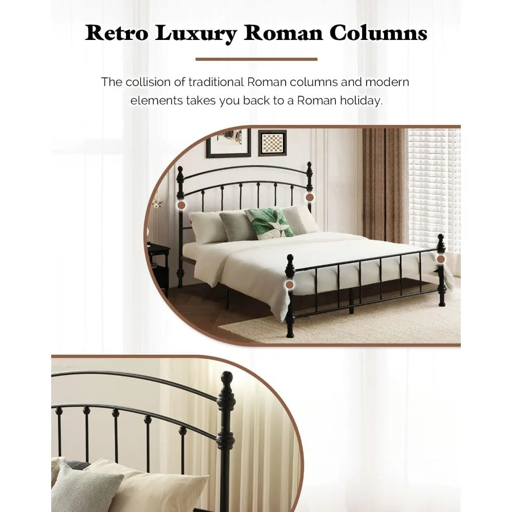 Queen Size Metal Bed Frame with Arched Headboard, Durable and Luxurious Roman Column Design, Easy Assembly
