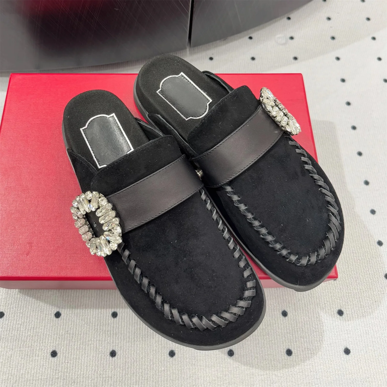 Top Version Genuine Leather Round-Tpe Thick Sole Woman Slippers Buckle-Belt Decora Mules Slip-ons Loafers Slides Bota Feminina