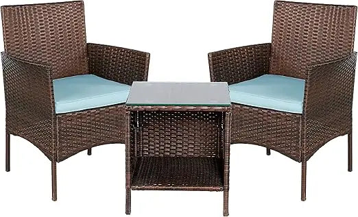 Space-Saving Outdoor Wicker 3-Piece Bistro Set with Cushions for Patio, Garden, and Porch
