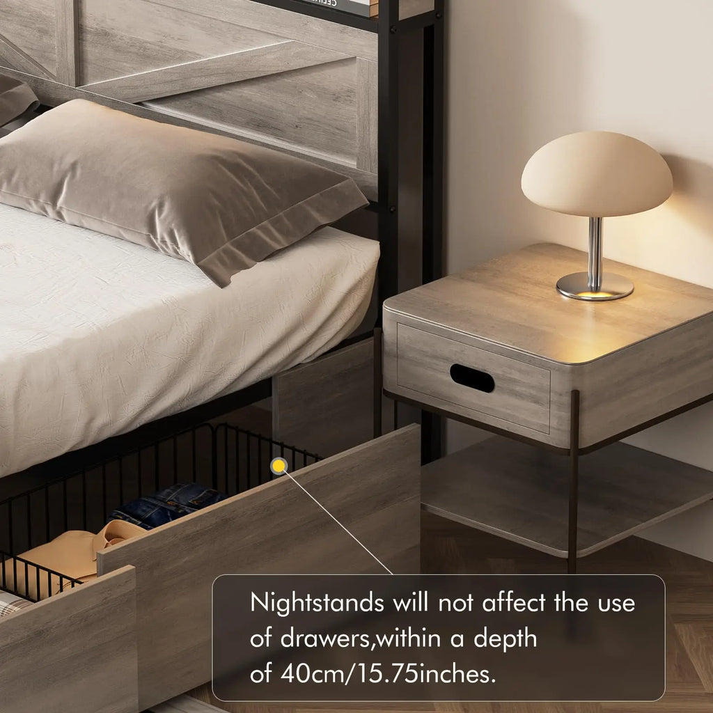 Vabches Queen Size Bed Frame with Headboard&4 Storage Drawers Metal Platform Bed Frame with LED Lights&Power Outlet for Bedroom