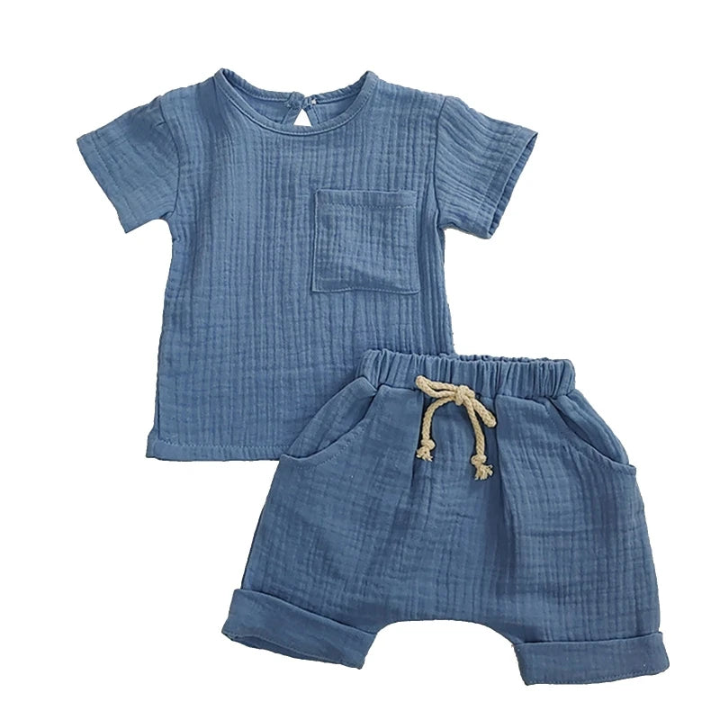 Baby Girls Boys Outfit Suit Cotton Linen Children Clothes Set Toddler Solid Casual T-shirt Kids Tops Summer Shorts Pants