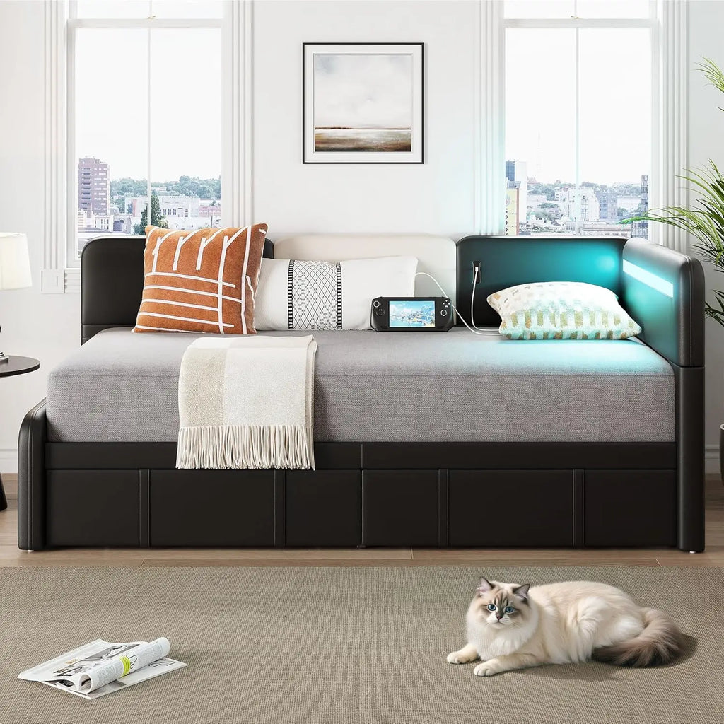 LIKIMIO Daybed with Storage, Twin Day Bed Frame with Drawers, Charging Station & LED, Sofa Bed with Strong Supports for Bedroom