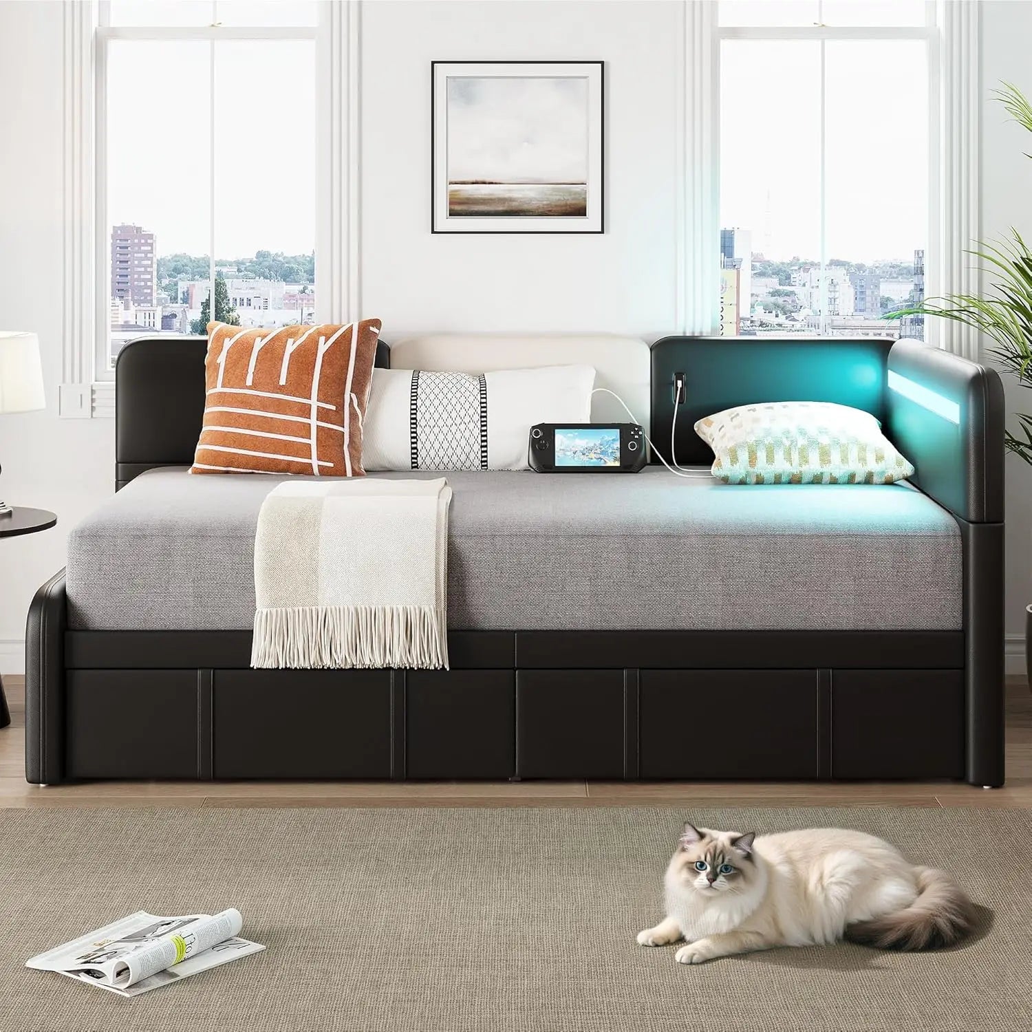 LIKIMIO Daybed with Storage, Twin Day Bed Frame with Drawers, Charging Station & LED, Sofa Bed with Strong Supports for Bedroom