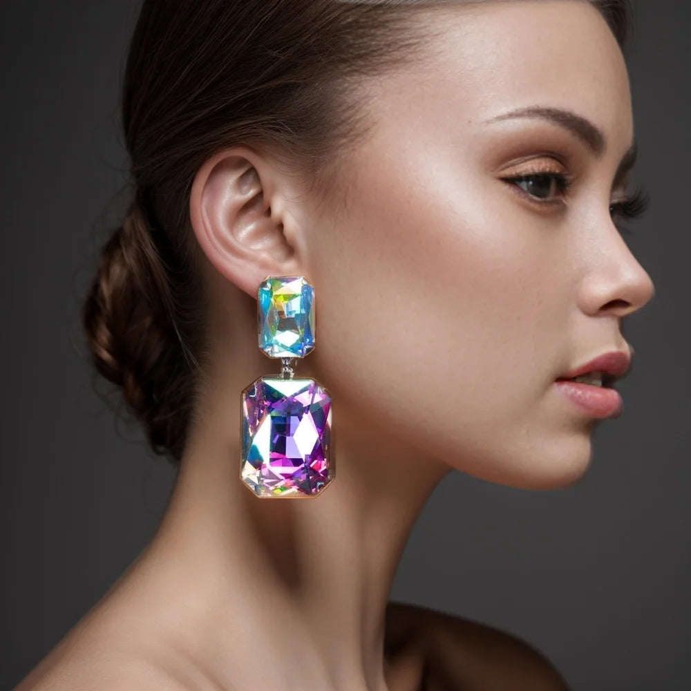 Stonefans Fahion AB Crystal Rectangular Dangle Earrings for Women 2024 Exaggerated Large Earrings Rhinestone Square Ear Jewelry