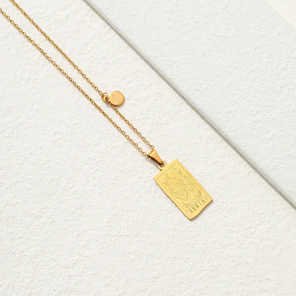 Stainless Steel Square Tarot Card Pendant Women Necklace Twelve Constellations Gold-Plated Clavicle Chain Horoscope Gifts