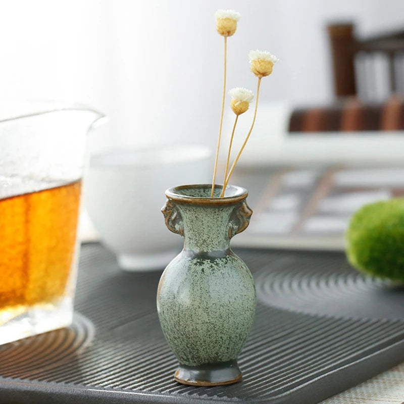 1PC Hydroponics Chinese-style Living Room Decoration Ceramic Small Vase Green Retro Flower Vase Crafts Tabletop Ornament