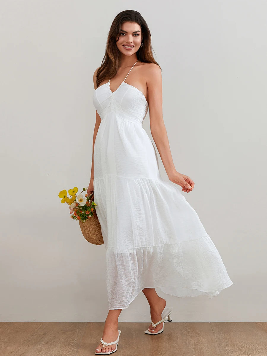 Elegant Sleeveless Maxi Dress with Halter Neckline and Backless Design Perfect for Summer Beach Parties and Casual Events
