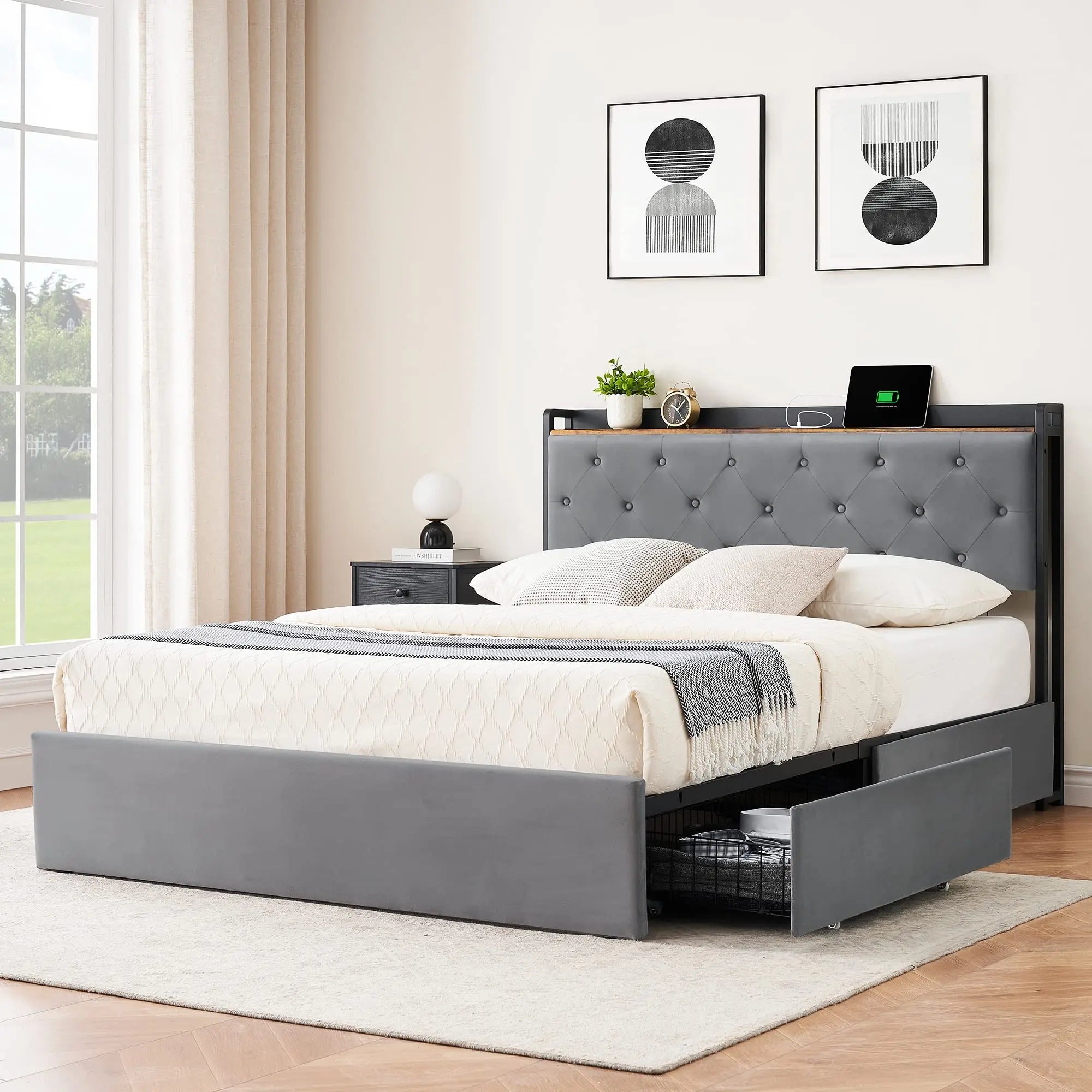 Upholstered Bed Frame with 4 Storage Drawers and Charging Station with Storage Headboard No Box Spring Needed Noise-Free