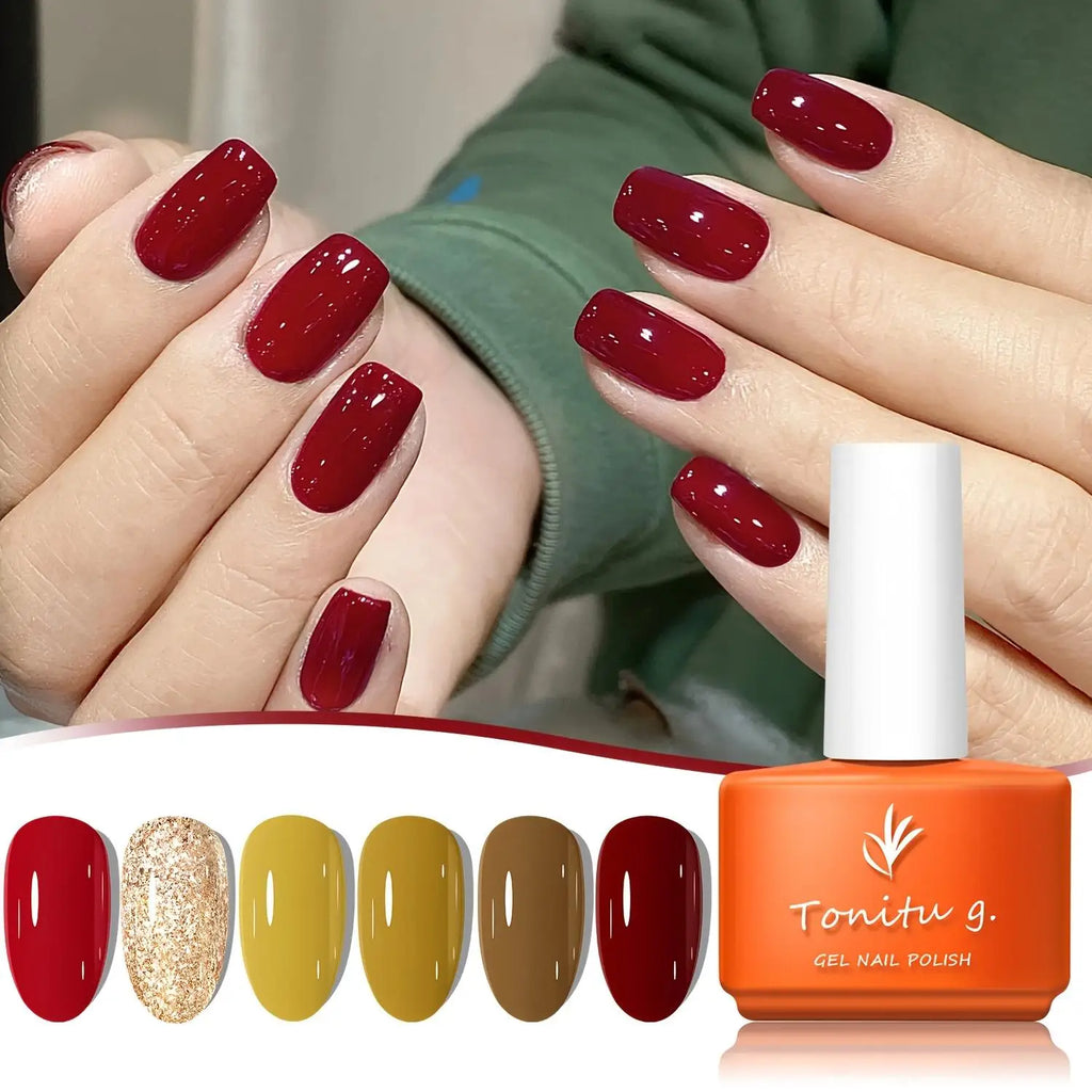 Gel Nail Polish Set 6 Colors, Glitter Golden, Silvery, Macaron, Red, Gel Set, Soak Off UV/LED,  for Salon Manicure and Home DIY