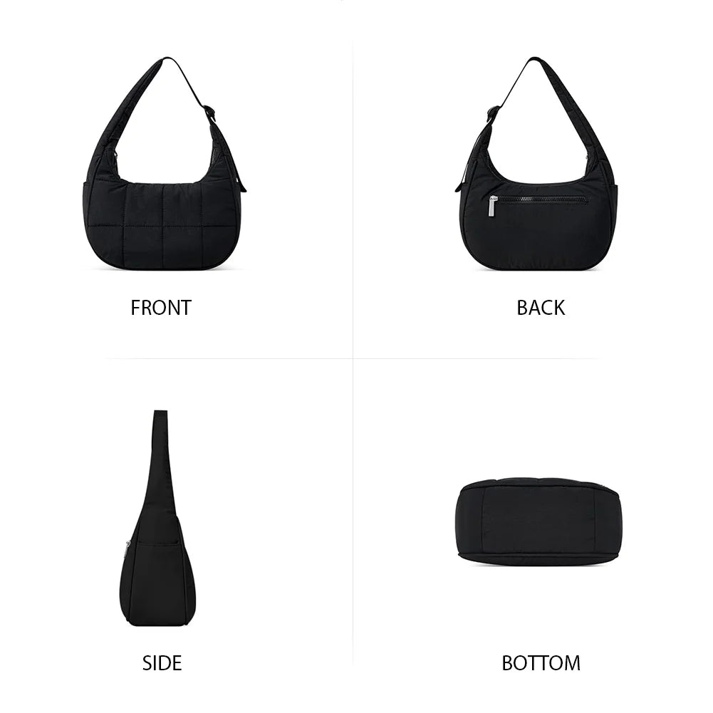 Puffer Shoulder Bag Nylon Adjustable Strap Crescent Bag for Women Quilted Handbag with Zipper Hobo Bag for Work Travel