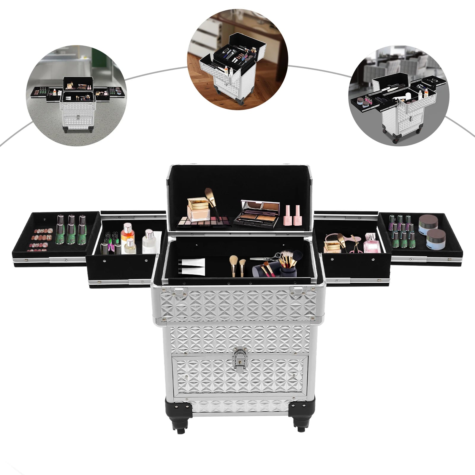 Makeup Rolling Train Case, Cosmetic Travel Trolley Storage Sliding Drawer Hairstylist Organizer Box Salon Barber Case Silver